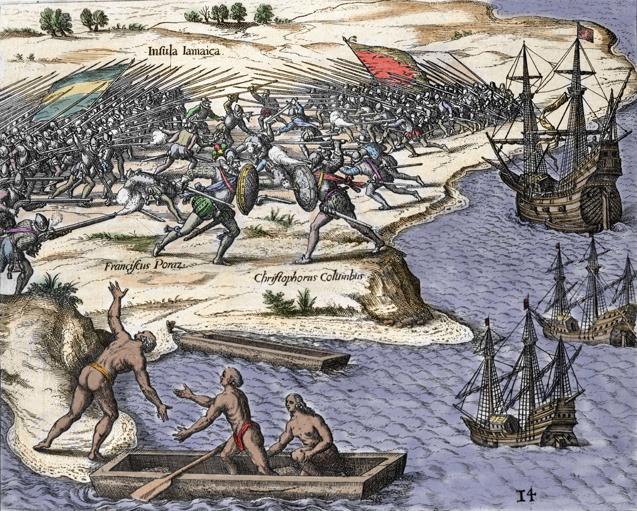 Christopher Columbus fjärde resa till Jamaica 1502-1504: strid mot Francisco Poraz. Gravyr från "Historia Americae sive Novi Orbis" av Theodor de Bry (1527-1598), Amsterdam 1594. av Theodore de Bry