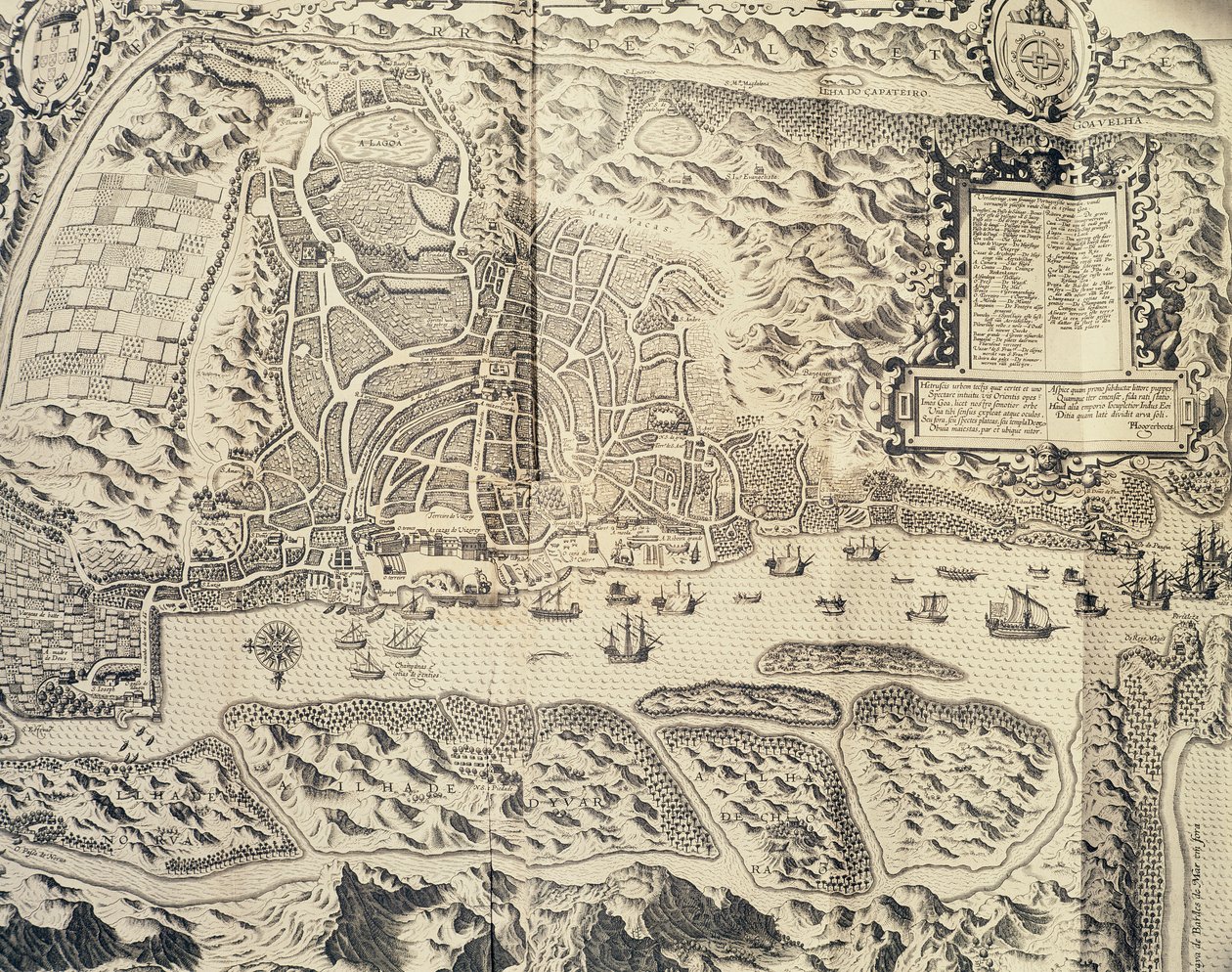 Staden Goa i Indien, gravyr av Theodor de Bry (1528-1598) från Reseskildring av sjömannen Jan Huyghen van Linschotens resa till portugisiska Ostindien 1579-1592), 1500-talet av Theodore de Bry