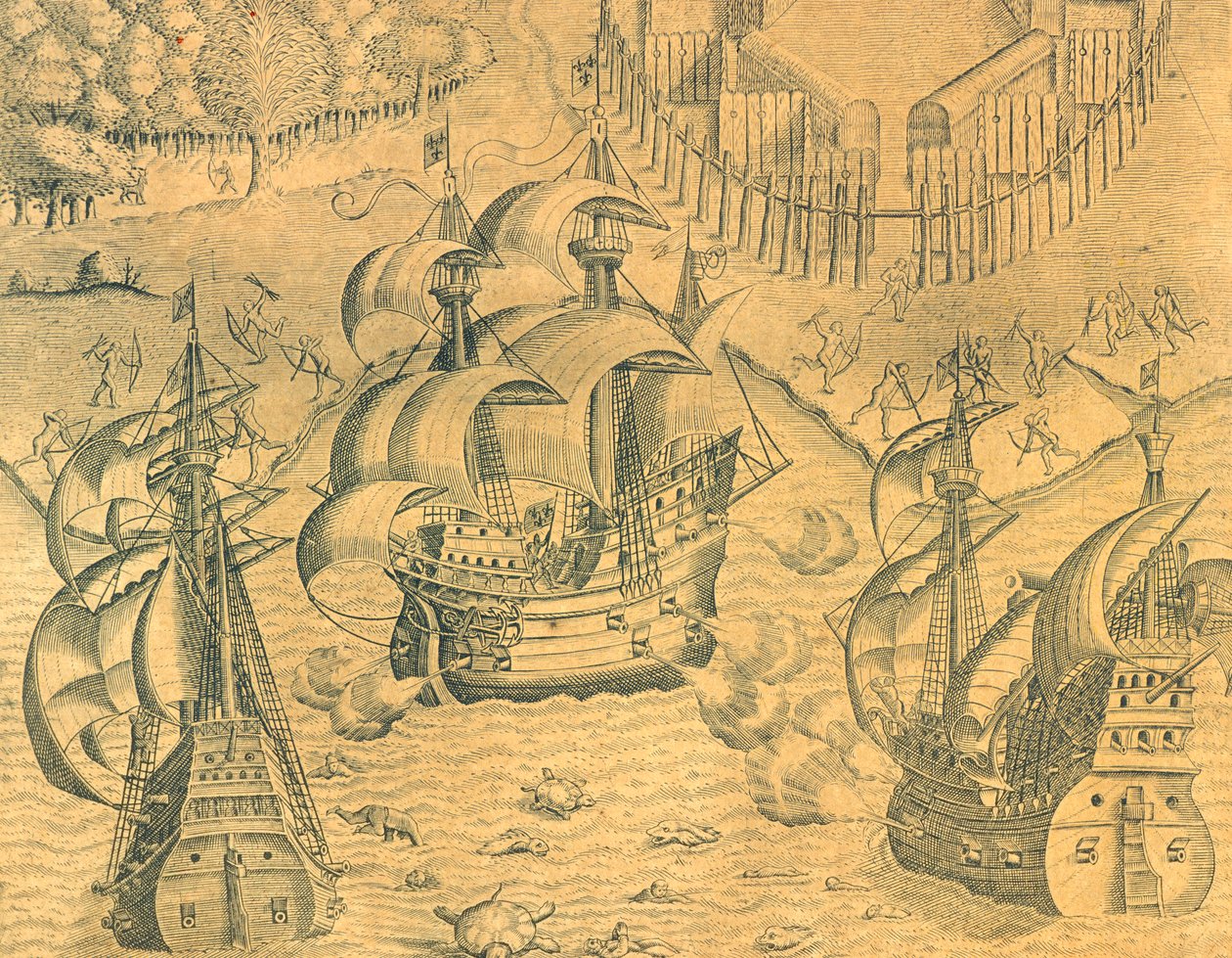 Krock mellan franska och portugisiska fartyg i Atlanten för innehav av Brasilien, Illustration från amerikansk historia av Theodore de Bry av Theodore de Bry