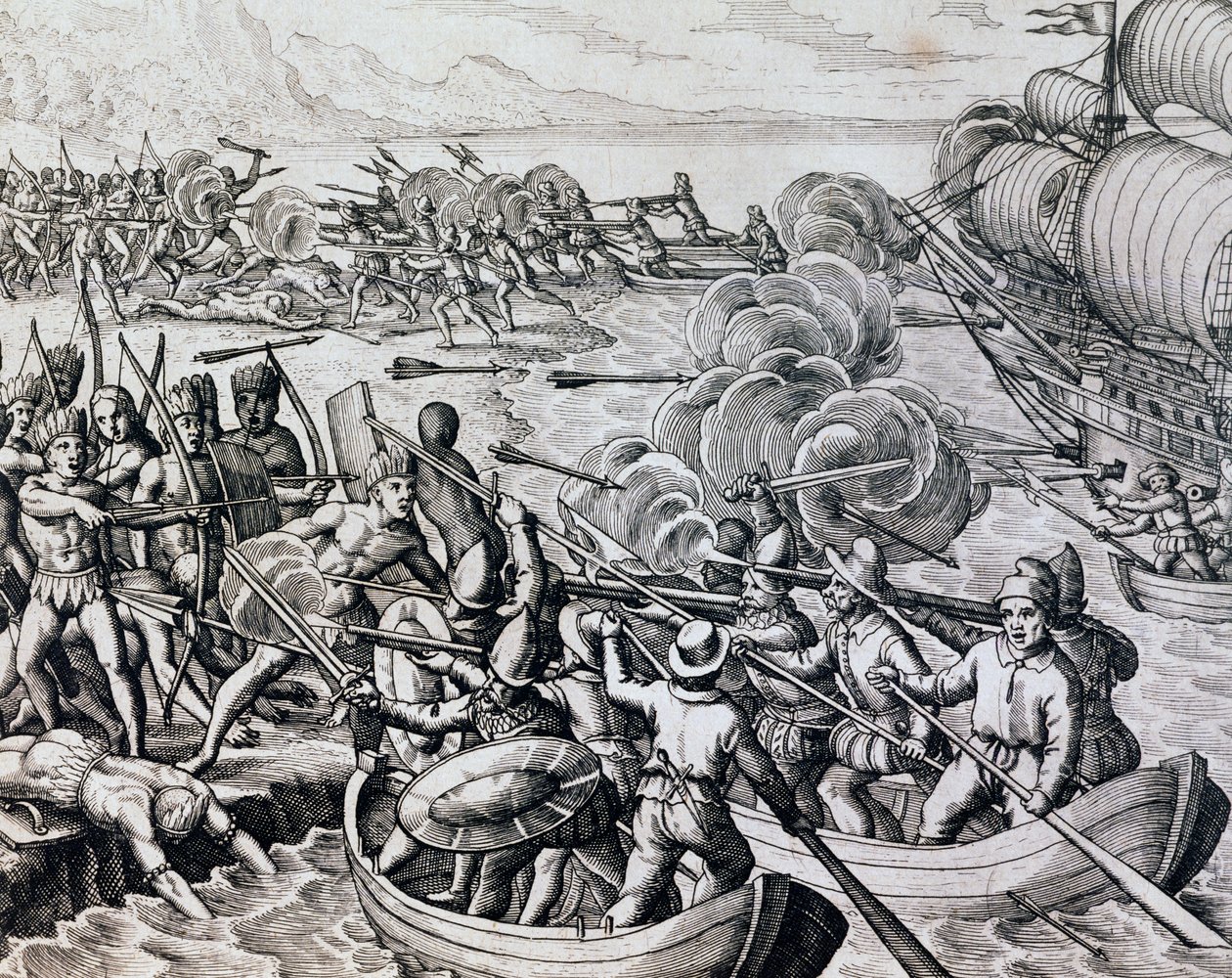 Krock mellan infödda indianer och spanska trupper, gravyr från Historia Americae, av Theodor de Bry (1528-1598), Frankfurt av Theodore de Bry