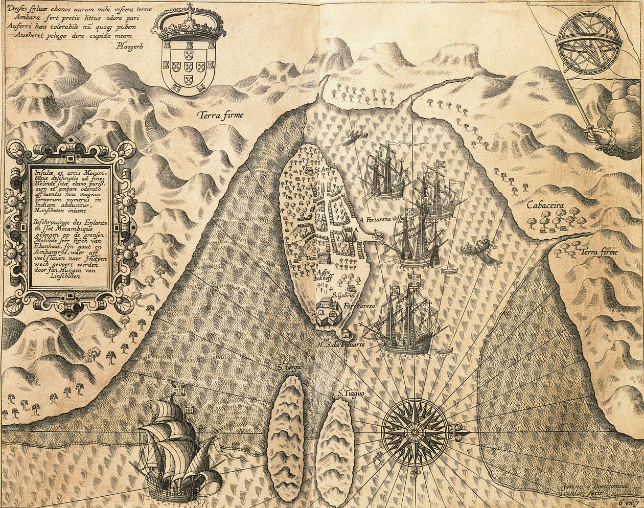Moçambiques kuster från Ostindien av Johannes Hugonis Linschooten och Theodore de Bry, gravyr av Theodore de Bry