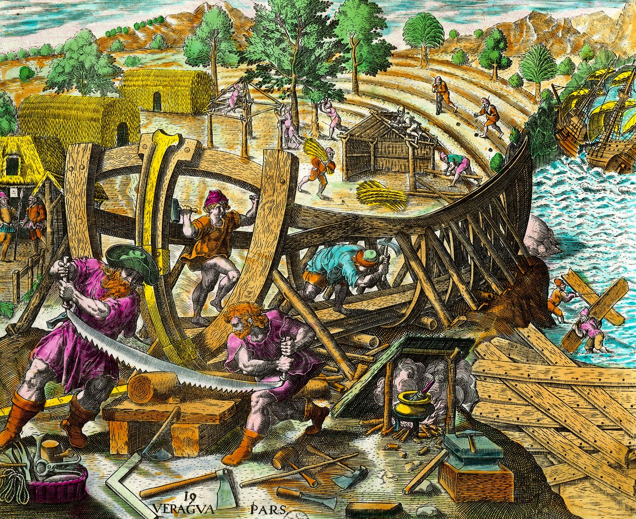 Konstruktion av en båt för den spanske navigatören Vasco Nunez de Balboa (1475-1517) Gravyr från "History of the Americas" av Theodore de Bry (1528-1598) 1500-talet. Privat samling av Theodore de Bry