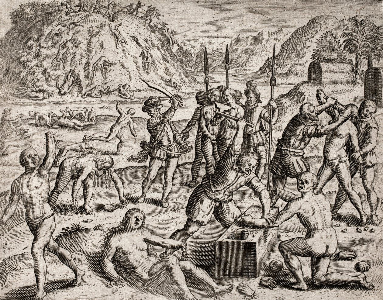 Beskrivning av brott som tillfogats indianer av spanska bosättare - Conquistadorer som massakrerar en indianby. Amputations des mains - Gravyr av Theodore de Bry i "Berättelsen om några av de mest förtjusta indianerna av spanjorerna" av Bartolome d av Theodore de Bry