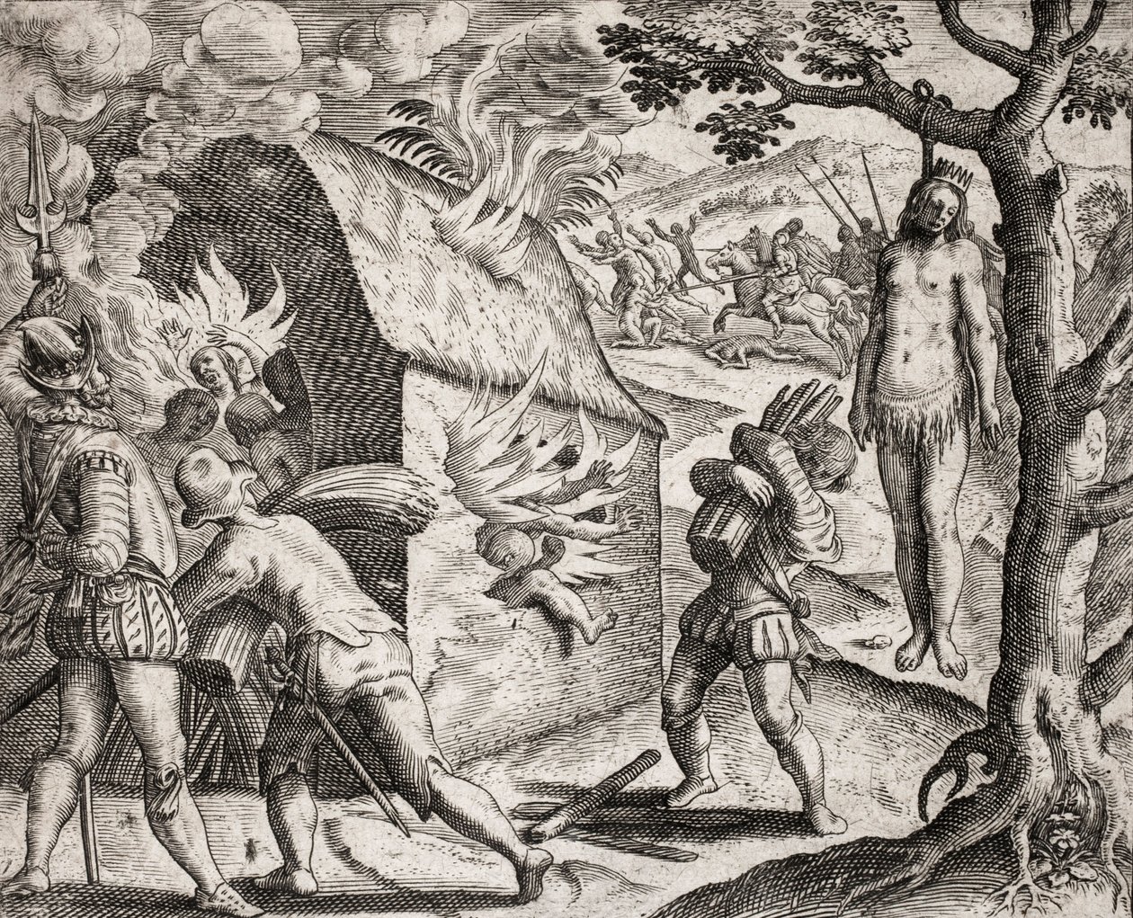 Beskrivning av brott som tillfogats indianer av spanska bosättare - Brand i en indianby av Conquistadorerna. Hanging - Gravyr av Theodore de Bry i "Den sannaste historien om några av de förkrossade spanjorerna" av Bartolome de las Casa av Theodore de Bry
