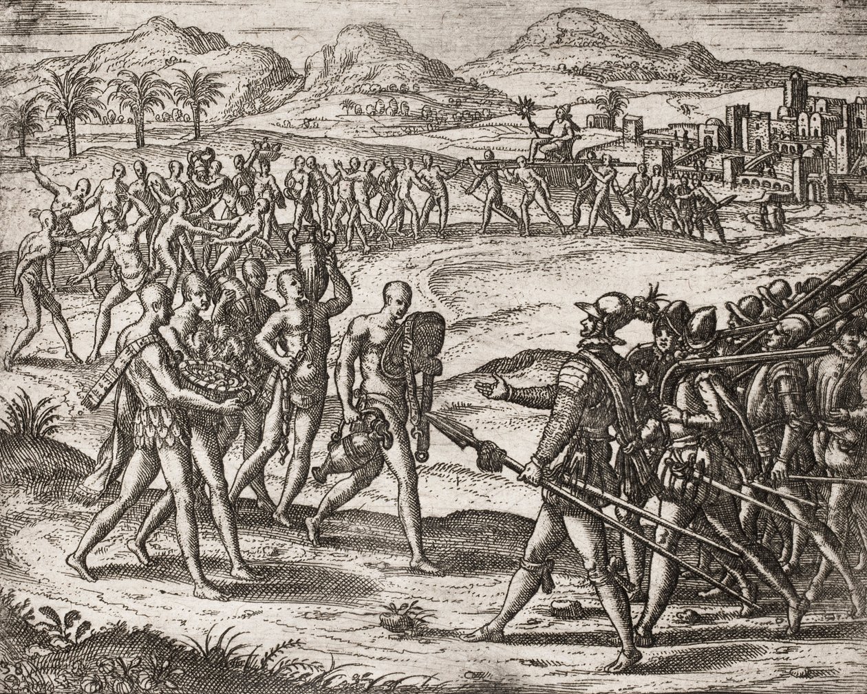 Beskrivning av brott som tillfogats indianer av spanska bosättare - indianer som ger gåvor och guld till conquistadorerna - gravyr av Theodore de Bry i " "Berättelsen om några av de förkrossade spanska spanjorerna av Theodore de Bry