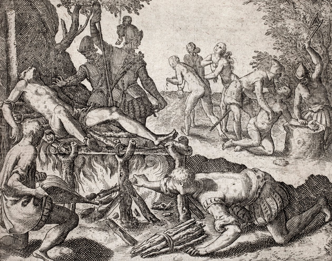 Beskrivning av brott som tillfogats indianer av spanska bosättare - Scen för tortyr av indianer av spanska conquistadorer. Tortyr på en grill, amputation av händer - Gravyr av Theodore de Bry i "" Narratio regionum indicarum per Hispanos quosdam devastatar av Theodore de Bry