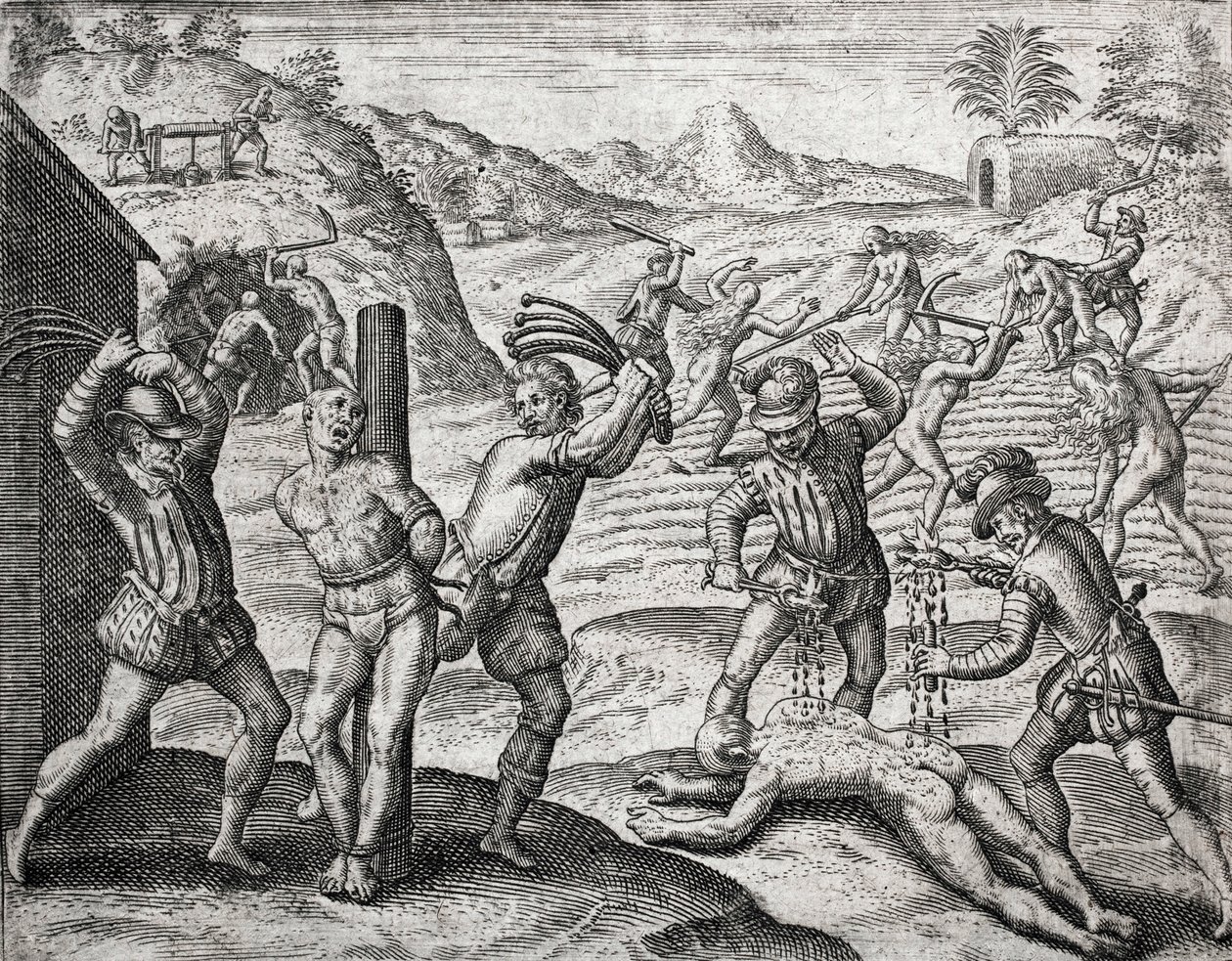 Beskrivning av brott som tillfogats indianer av spanska bosättare - Spanjorer som torterar indianer - Gravyr av Theodore de Bry i "Brevisima Relacion de la Destruction de las Indias"" av Bartolome de las Casas (1484-1566) av Theodore de Bry