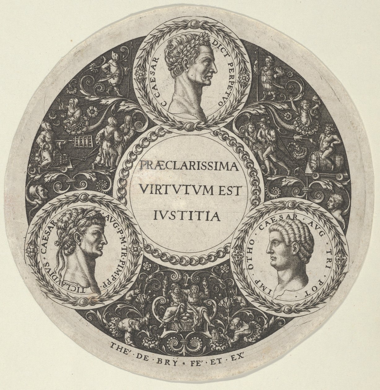 Design för ett fat med porträtt av de romerska kejsarna Caesar, Claudius och Otho, ca...., ca. 1588. av Theodore de Bry