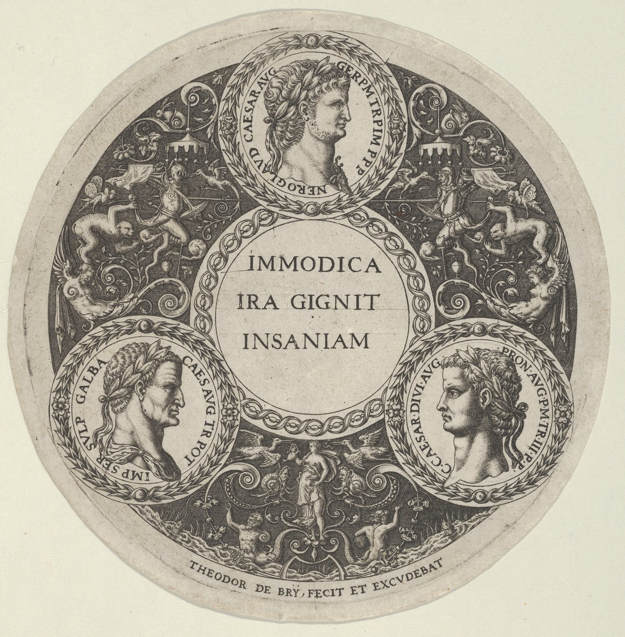 Design för en maträtt med porträtt av de romerska kejsarna Nero, Galba och Caligula, ca. ..., ca. 1588. av Theodore de Bry