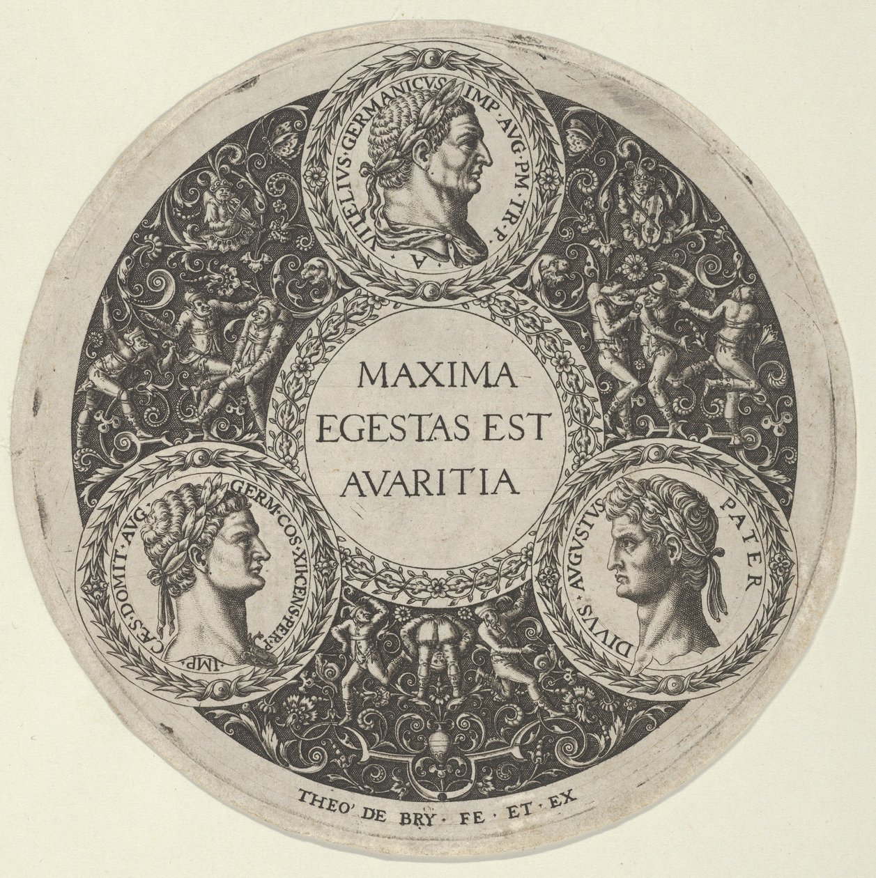 Design för ett fat med porträtt av de romerska kejsarna Vitellius, Domitianus och August..., ca. 1588. av Theodore de Bry