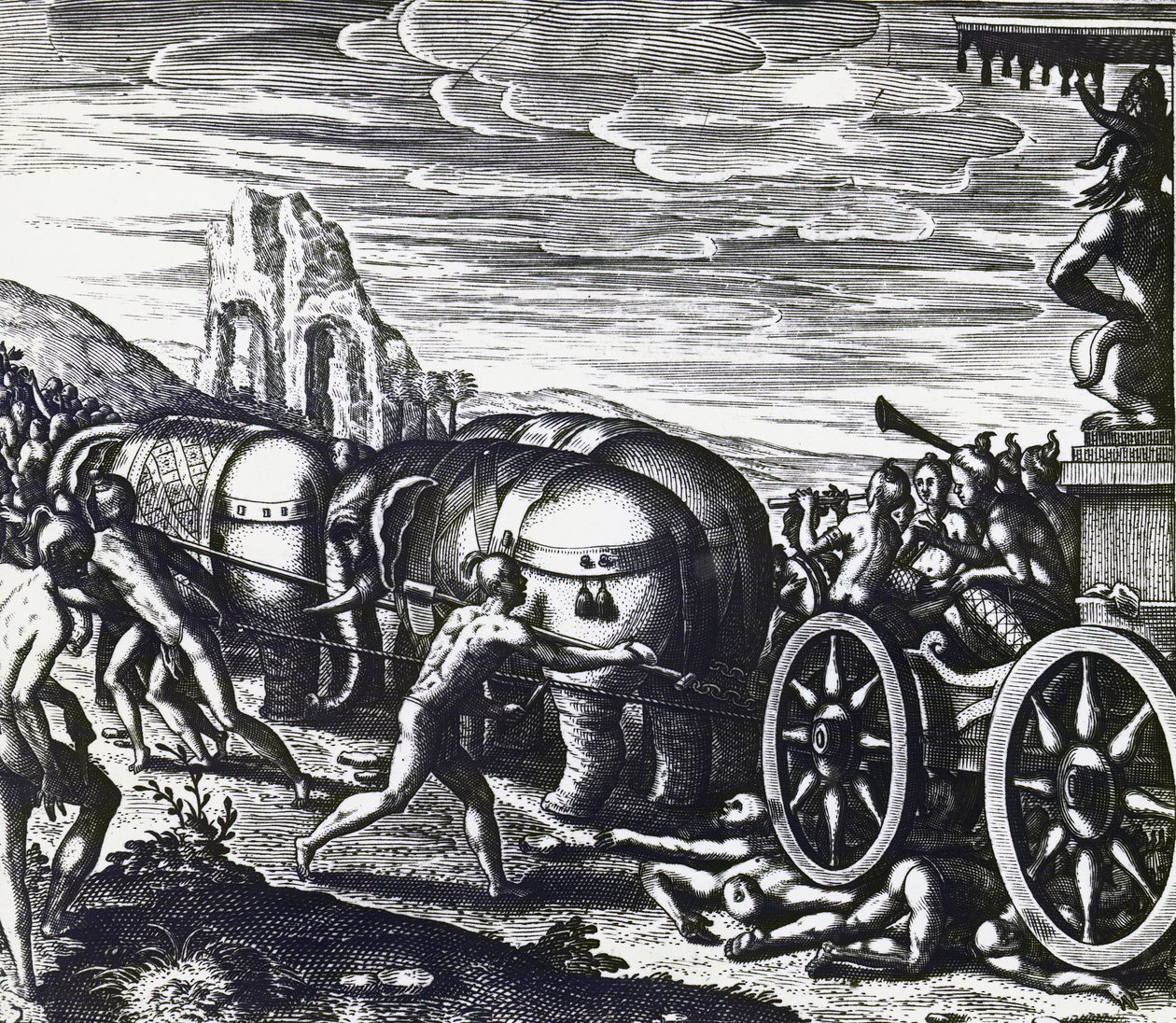 Anhängare som krossas av vagn under procession av idol, av Theodor de Bry (1528-1598), gravyr av Theodore de Bry
