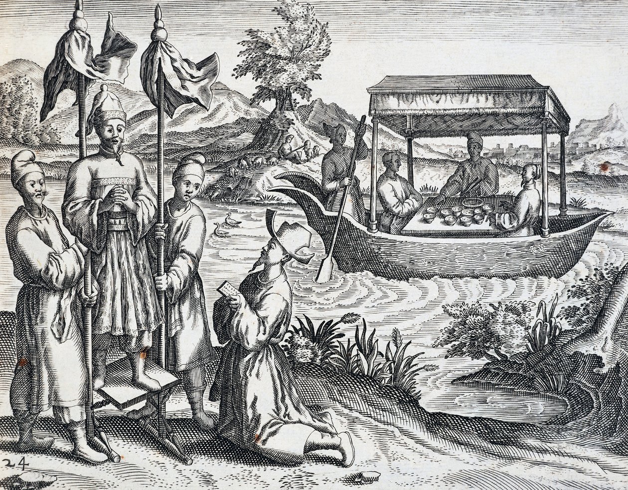 Dignitärernas gata, från resa som genomfördes av Jan Huyghen van Linschoten (1563-1611) mellan 1583 och 1592, gravyr från India Orientalis av Theodor de Bry (1528-1598), Kina av Theodore de Bry