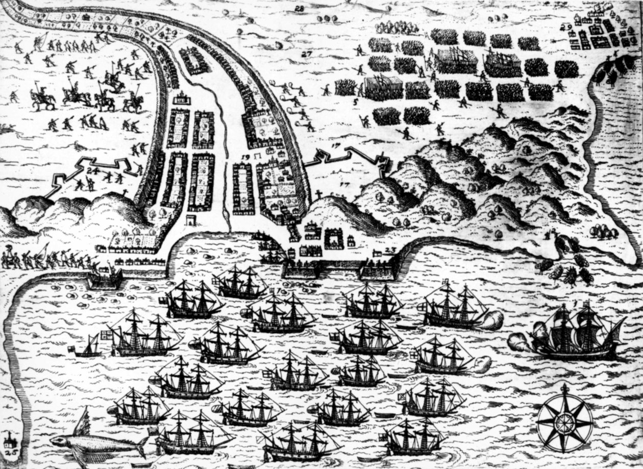 Drake erövrade båten "" Saint Giacomo"" på ön Capo Verde, 1585, av De Bry av Theodore de Bry