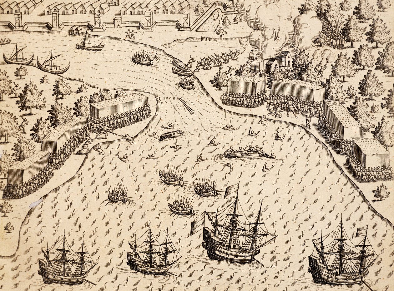 Holländare anländer till Madura Island, Java, gravyr från arbetet India Orientalis, av Theodor de Bry (1528-1598), Indonesien av Theodore de Bry