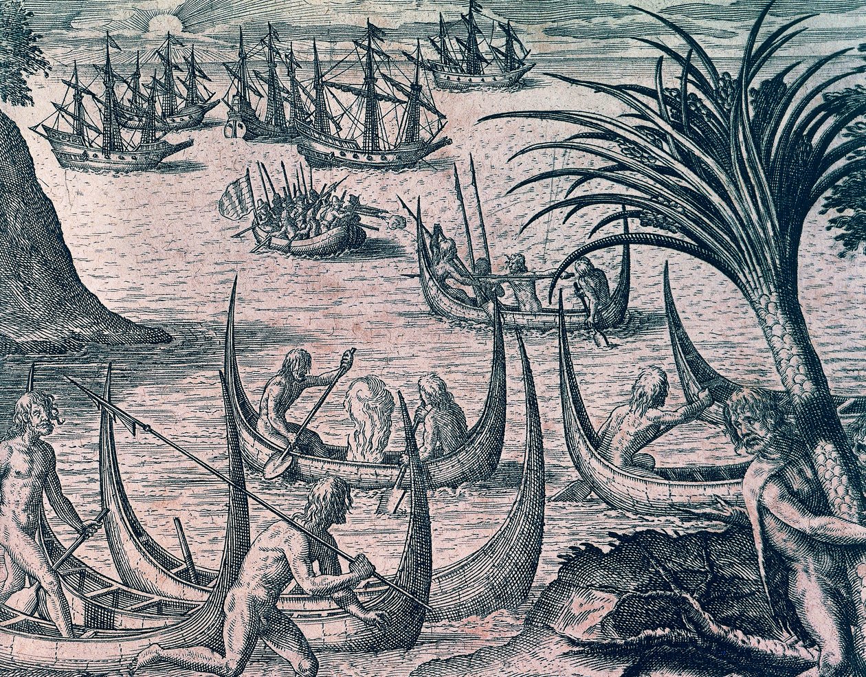Holländska fartyg i Magellansundet, gravyr från amerikansk historia av Theodore de Bry (1528-1598), Frankfurt av Theodore de Bry