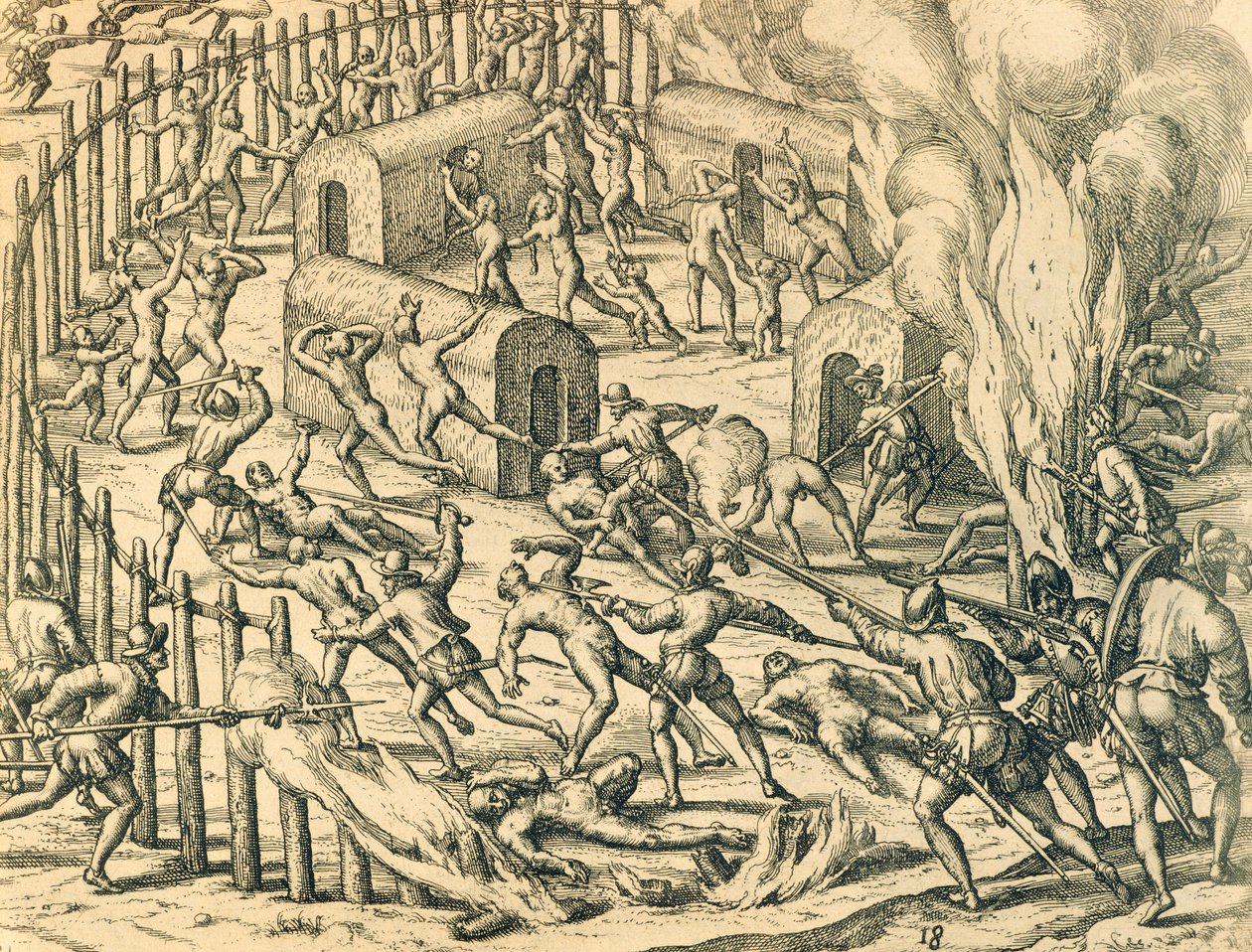 Europeiska erövrare attackerar en indisk by, Illustration från amerikansk historia av Theodore de Bry av Theodore de Bry