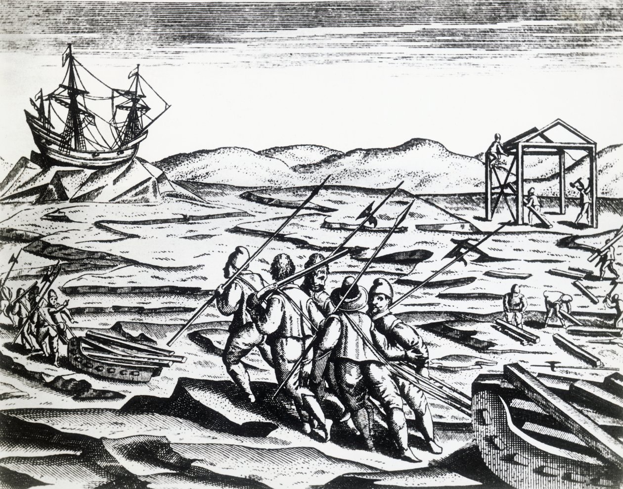 Expedition ledd av William Barents (ca 1550-1597) på jakt efter nordostpassagen, från Peregrinationes, av Theodor de Bry (1528-1598), gravyr av Theodore de Bry