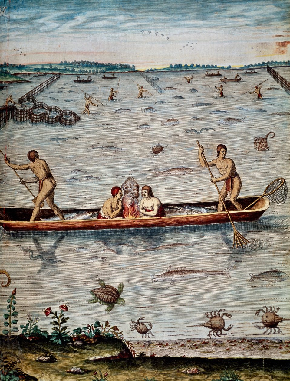 Fisketekniker för de infödda i Virginia, gravyr av Theodor de Bry (1528-1598) från Admiranda narrative trust tamen, commodis et de incolarvm ritibvs Virginae av Theodore de Bry