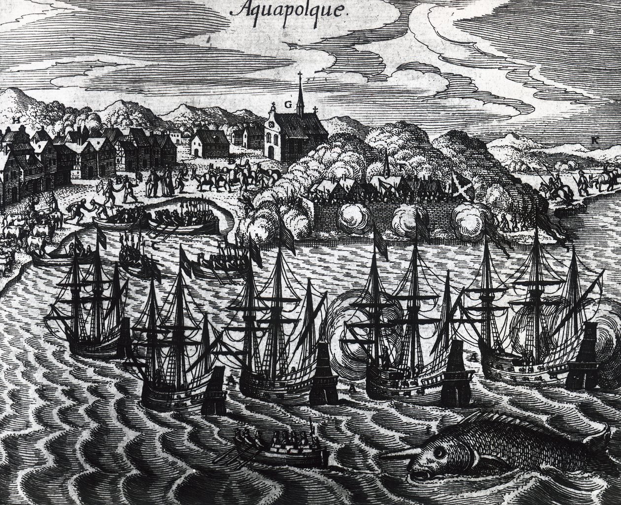 Flotta av galjoner i Acapulcos hamn, av Theodor de Bry (1528-1598), gravyr av Theodore de Bry