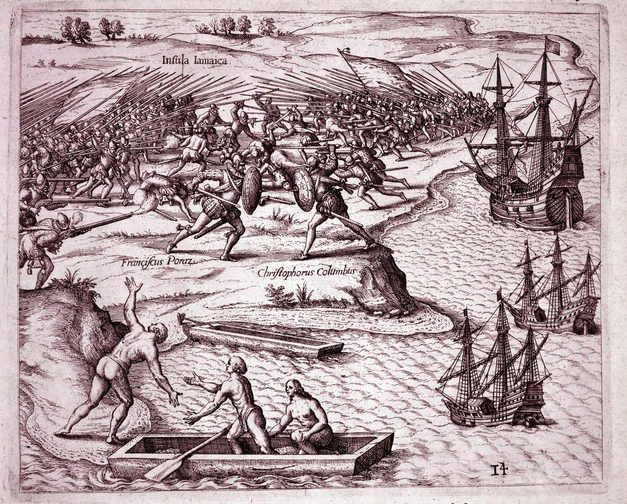 Christopher Columbus fjärde resa på ön Jamaica 1503 (gravyr av Theodore de Bry