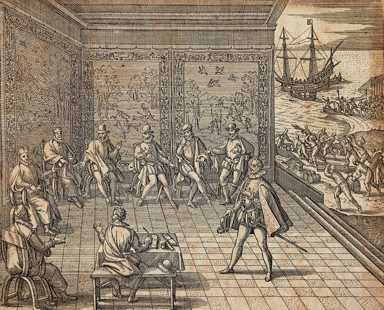 Francisco Pizarro förbereder sig för sin expedition till Sydamerika, av Theodor de Bry av Theodore de Bry