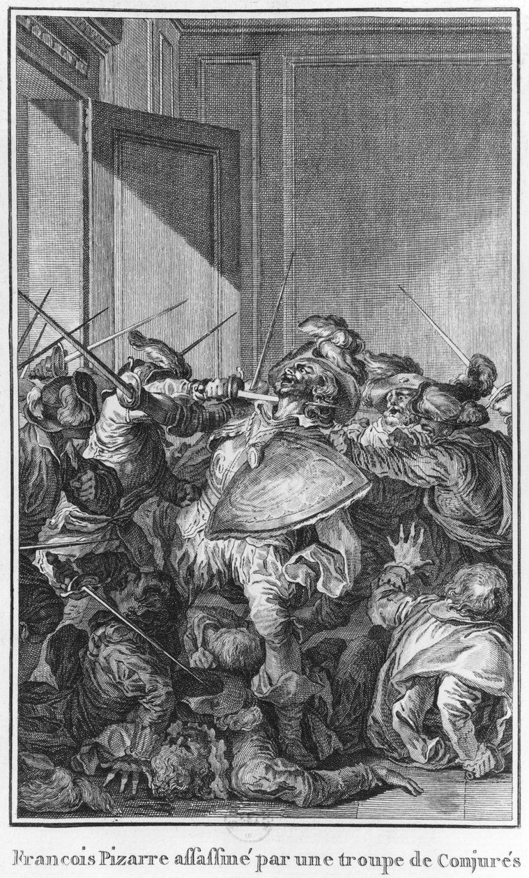 Francisco Pizarro mördad av en armé av konspiratörer, 1541 av Theodore de Bry