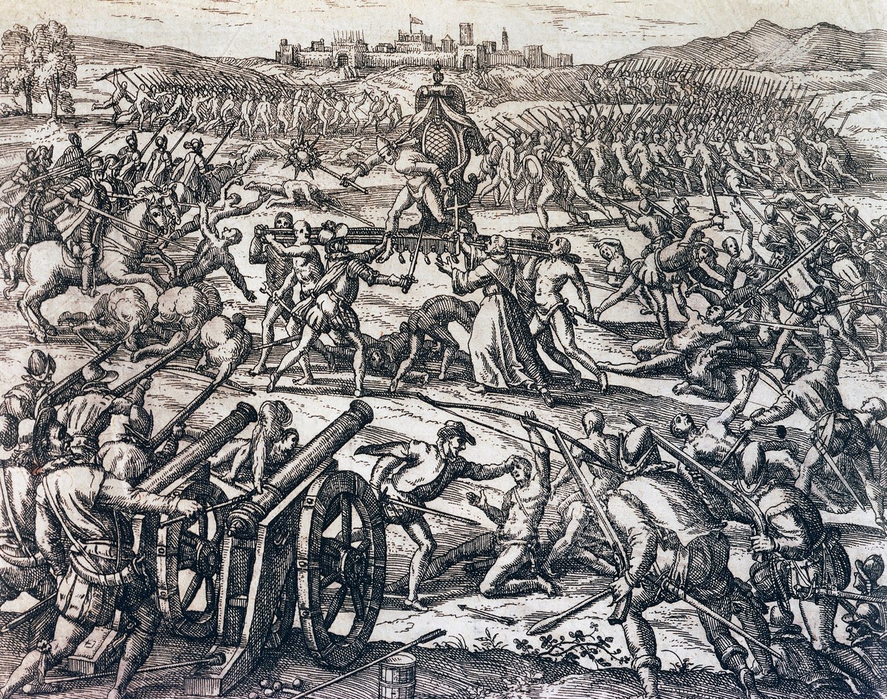 Francisco Pizarros (cirka 1475-1541) trupper som fångar inkakejsaren Atahualpa under slaget vid Cajamarca, 16 november av Theodore de Bry