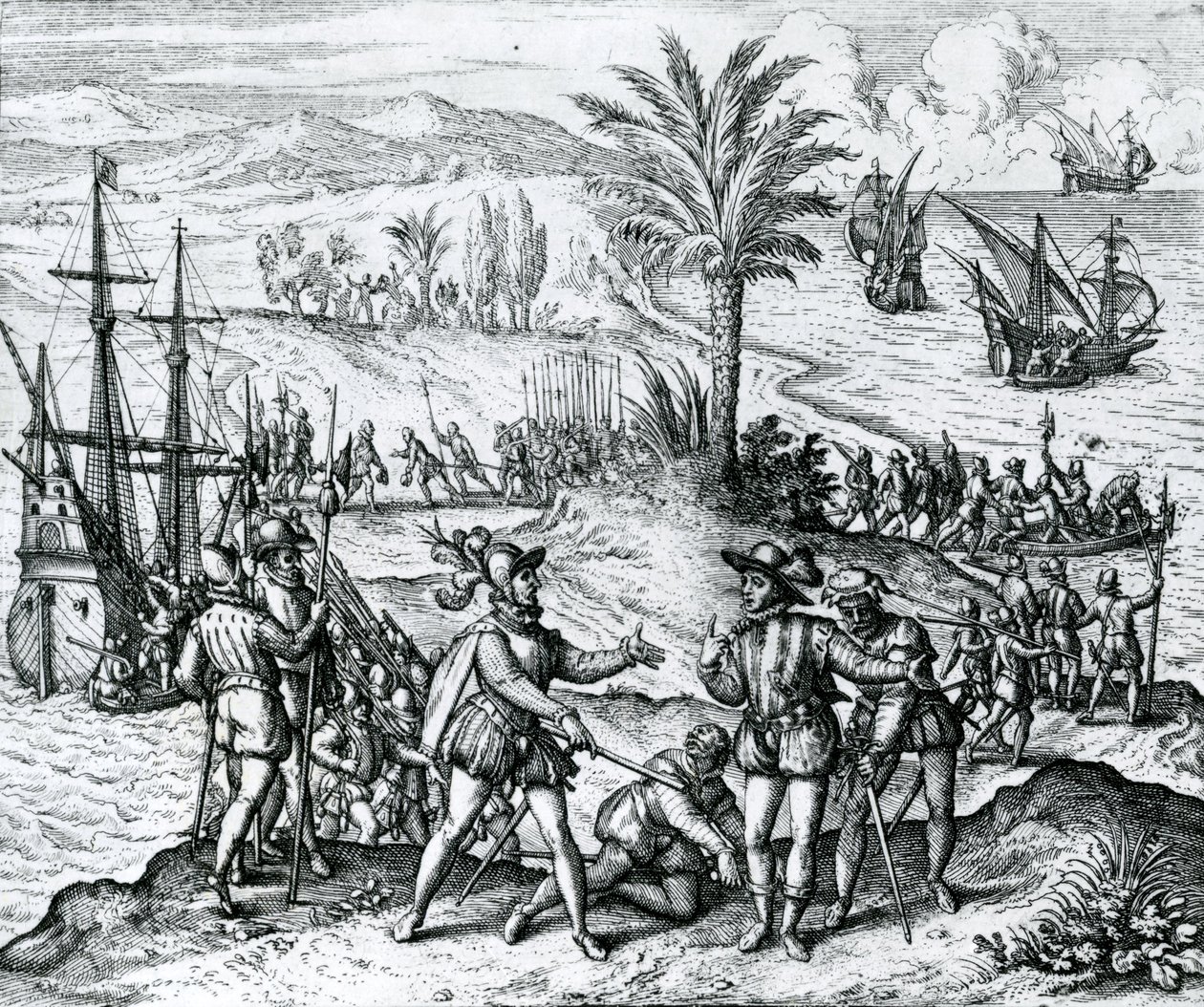 Francisco de Bobadilla anländer som guvernör och arresterar Christopher Columbus (1451-1506) på Hispaniola, 1500, 1590 av Theodore de Bry
