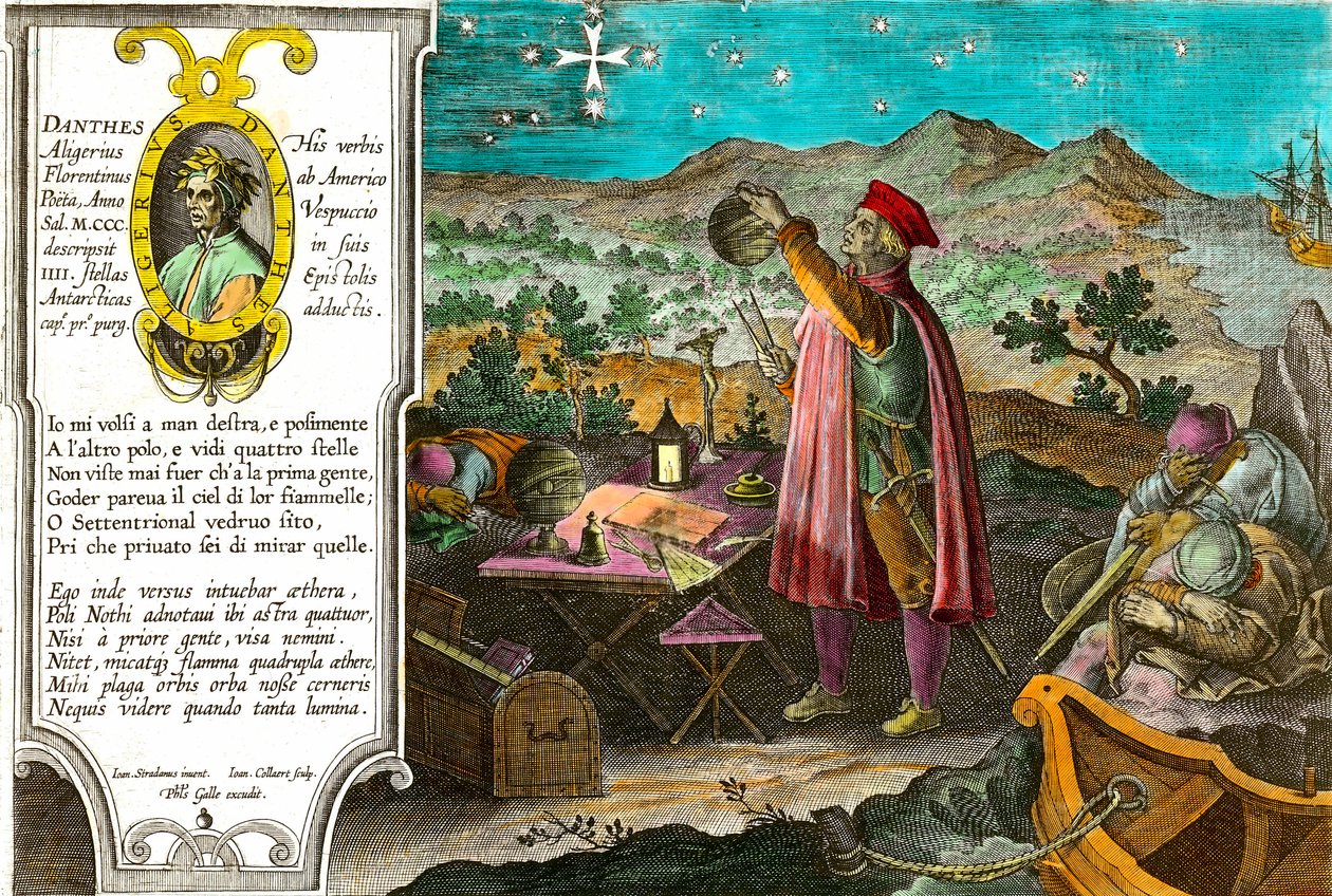 Amerikas historia: Amerigo Vespucci (Americus Vespucius) (1451/1454-1512), italiensk köpman och navigatör använder sin astrolabium för att mäta södra korset. Vänsterporträtt av den italienska poeten Dante Alighieri (1265-1321) och ett avsnitt av den första av Theodore de Bry