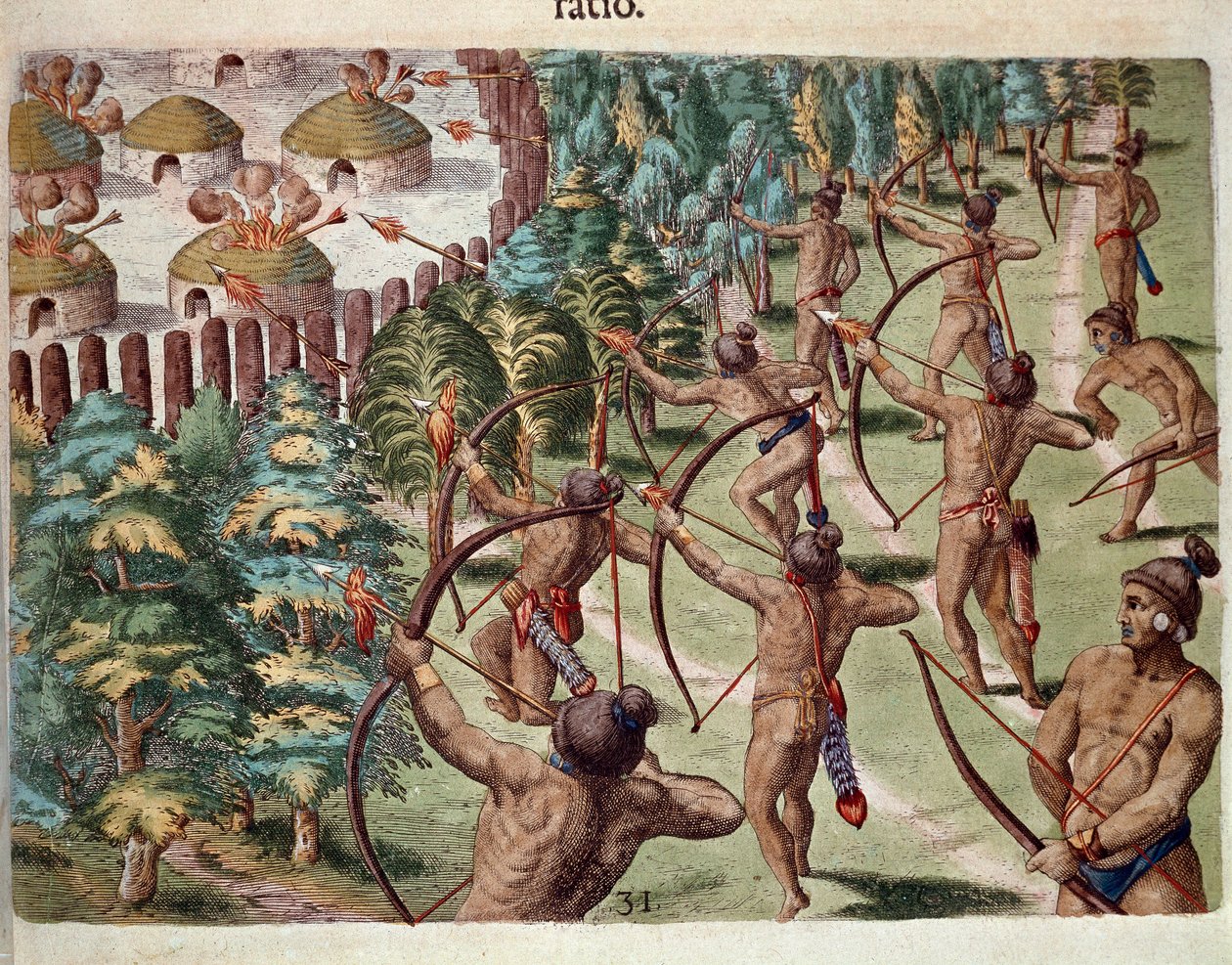 Amerikas historia: "" En indisk stam attackerar en by i Florida på natten"" Gravyr från "" Admirante Narratio Americae"" av Theodore de Bry (1528-1598) av Theodore de Bry
