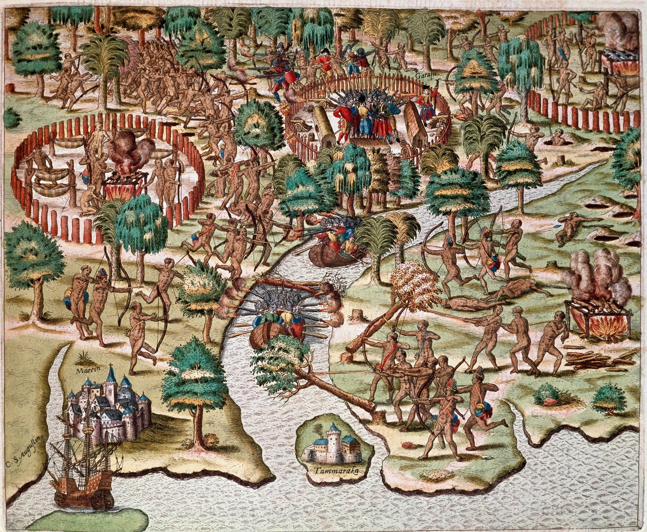 Amerikas historia: "" Beskrivning av metoder för belägring och attack, indianer som kämpar mot spanska arméer"" Recit av Hans Stadens fångenskap, tysk upptäcktsresande som reste med de spanska flottorna till Brasilien, tillfångatagen av Tupinamba-indianern av Theodore de Bry