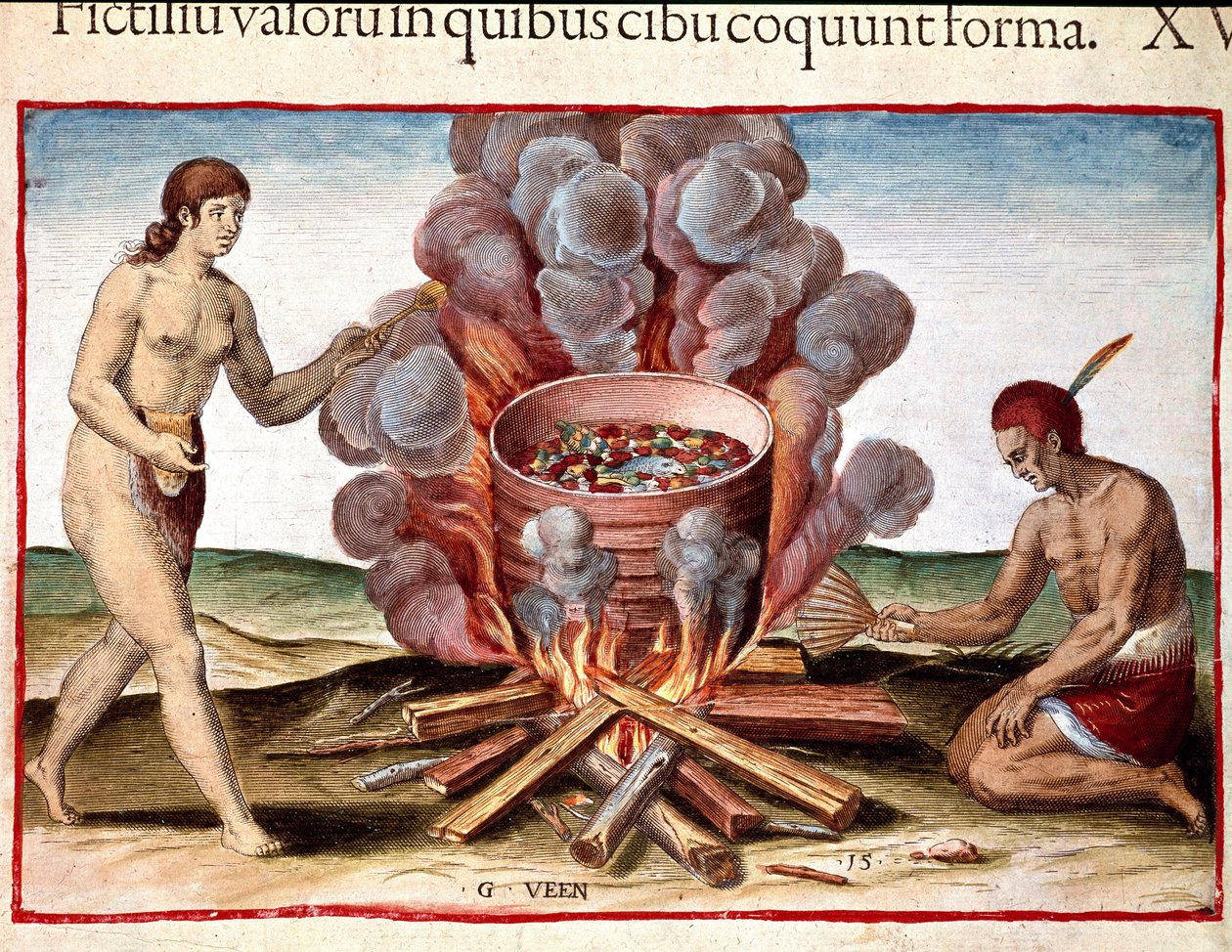 History of America: "Indian Cooking Fish" Gravyr från "The Admirable Narrative of America" ​​av Theodore de Bry (1528-1598) av Theodore de Bry