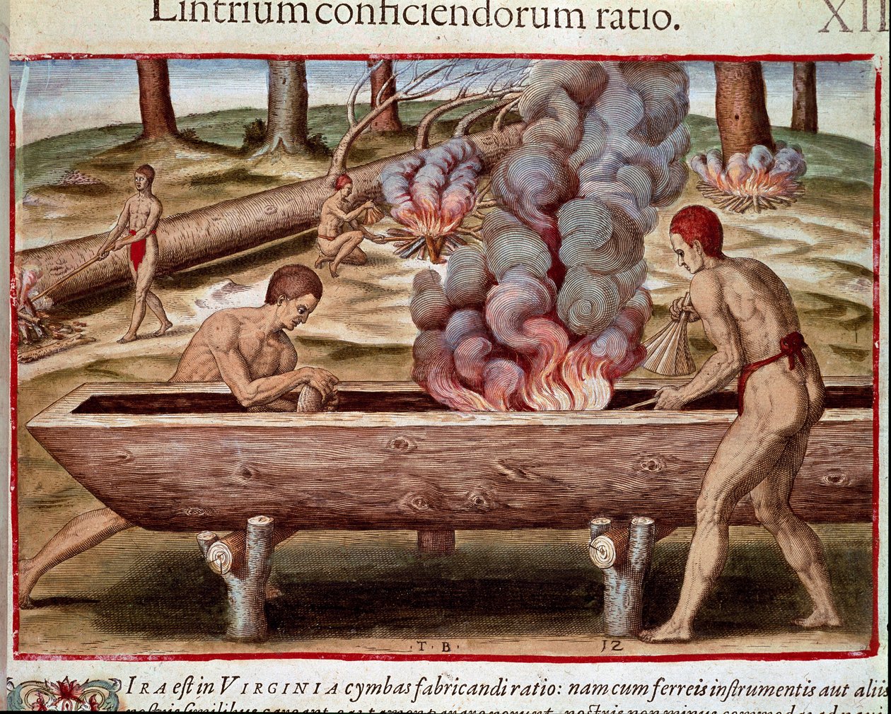 Amerikas historia: "Indianer som bygger båtar"" Gravyr från "Admirante Narratio Americae" av Theodore de Bry (1528-1598) av Theodore de Bry
