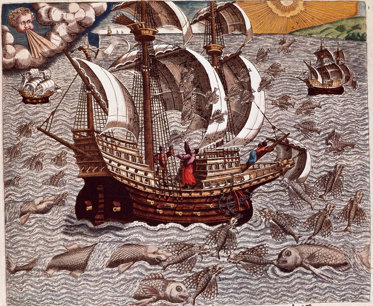Amerikas historia: "" Resan av spanska karaveller omgiven av flygande fiskar"" Recit av Hans Stadens resor, tysk upptäcktsresande som reste med de spanska flottorna till Brasilien, tillfångatagen av Tupinamba-indianerna. Gravyr från "Americae tertia pars m av Theodore de Bry