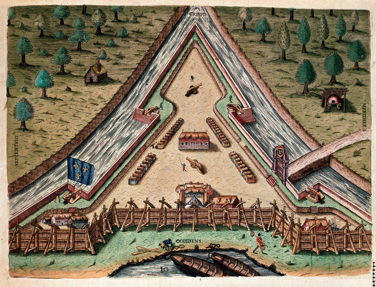 Amerikas historia: "Life of Fort Carolina, Bastion of Carolina" "Gravering från "Admirante Narratio Americae"" av Theodore de Bry (1528-1598) efter en teckning av Jacques le Moyne (de Morgues) (1533-1588) av Theodore de Bry