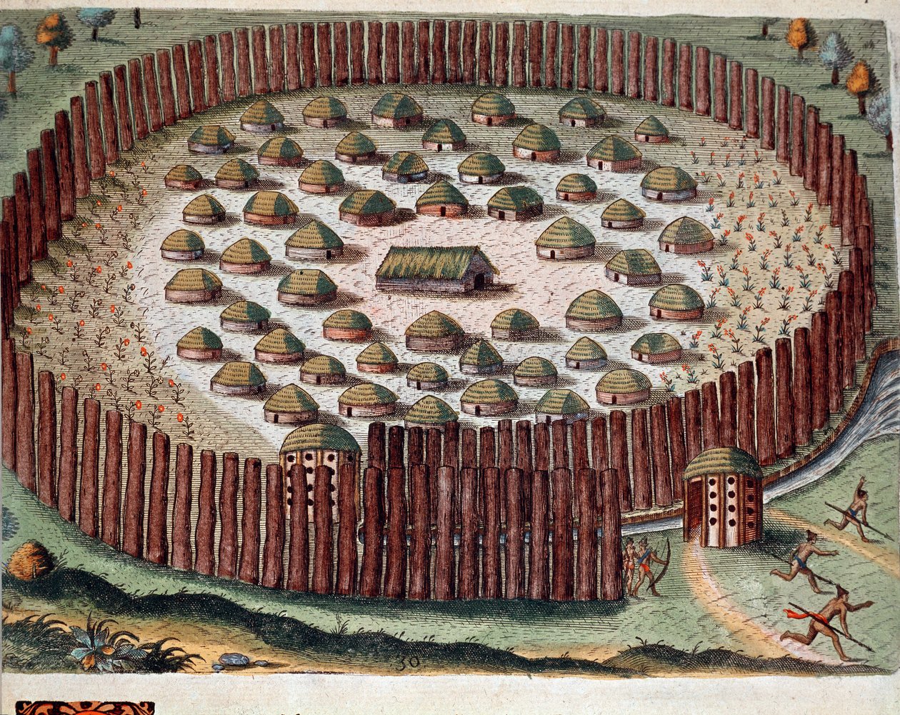 Amerikas historia: "" Representation av en indisk by befäst i Florida"" Gravyr från "" Admirante Narratio Americae"" av Theodore de Bry (1528-1598) av Theodore de Bry