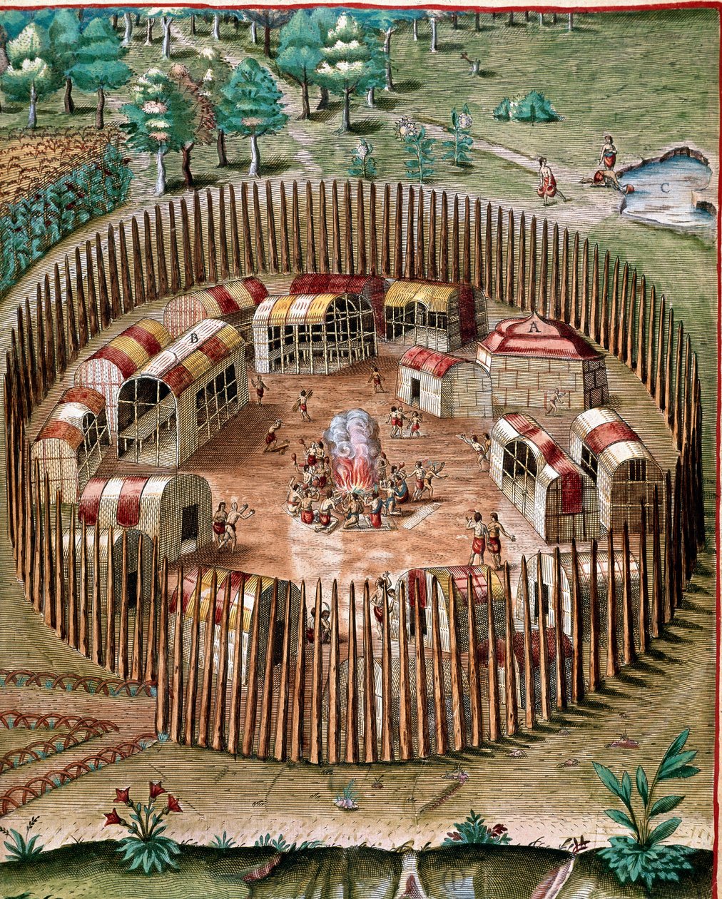 Amerikas historia: "" Representation av den befästa staden Pomeiock eller Pomeiooc i Virginia 1585""" Gravyr från "" Admirante Narratio Americae""" av Theodore de Bry (1528-1598) av Theodore de Bry
