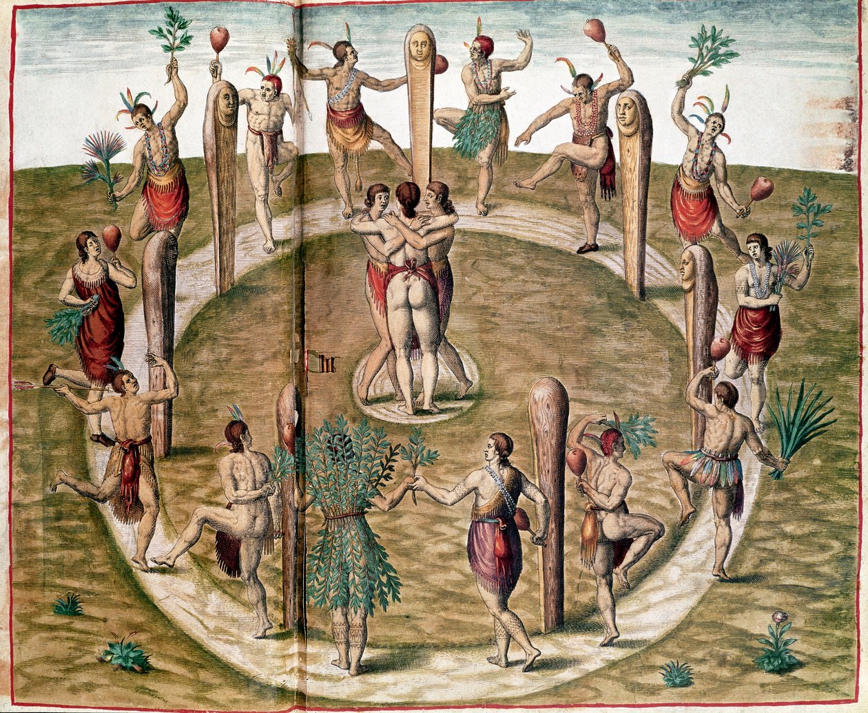 Amerikas historia: "" Rituell dans för att fira vänskap "" Gravyr av Theodore de Bry (1528-1598). Vincennes från 1500-talet, Marinens historiska museum av Theodore de Bry