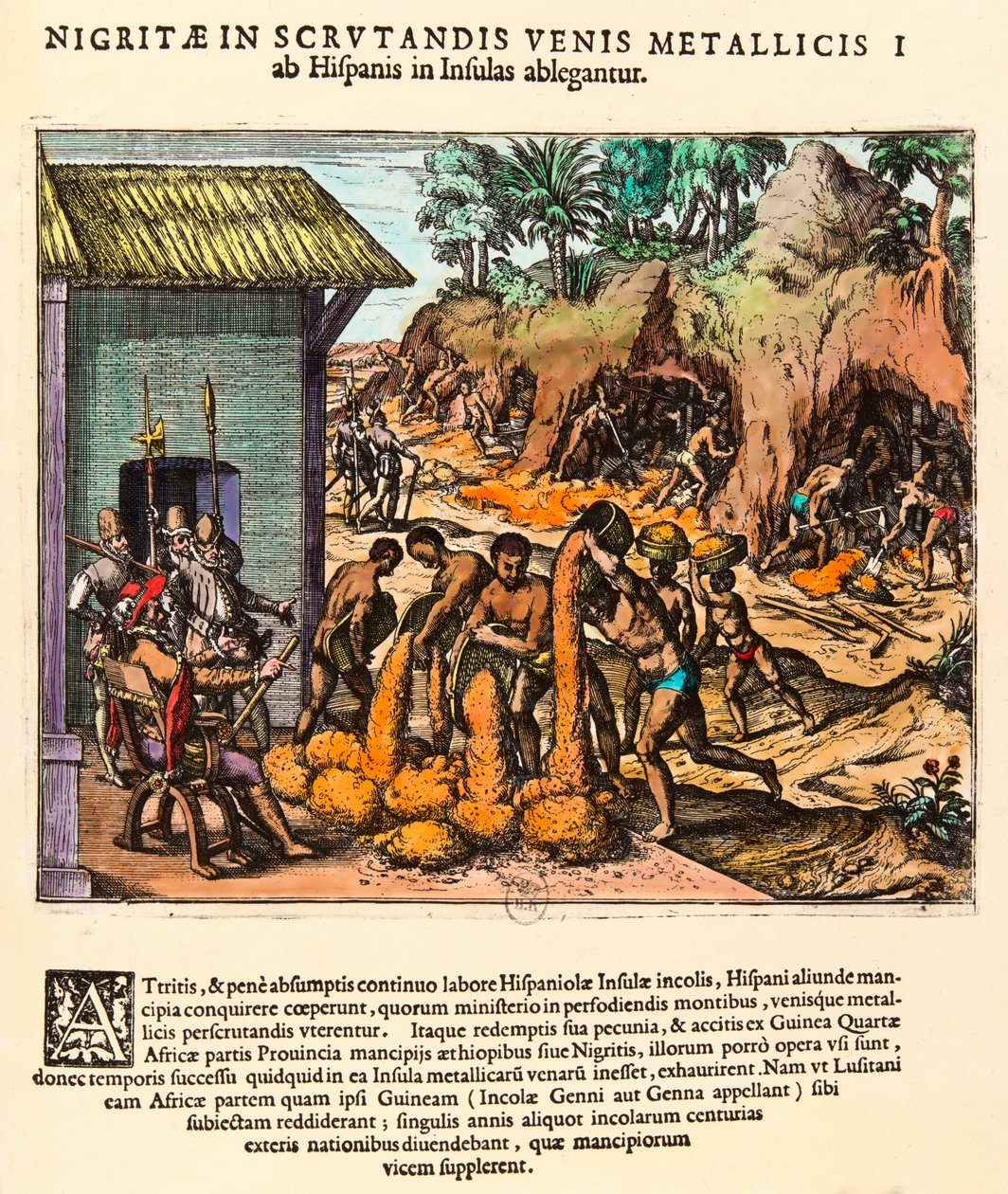 Amerikas historia: Spanjorerna utnyttjar guldgruvor. Indianerna arbetar inför nybyggarnas ögon. Gravyr av Theodore de Bry (1528-1598). 1500-talets privatsamling av Theodore de Bry