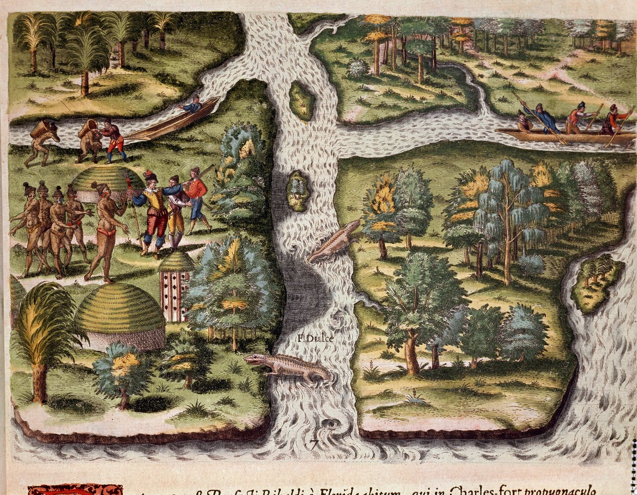 Amerikas historia: "" Fransmännen från expeditionen av Jean Ribault (eller Ribaut) bosatta i Charlesfort (Fort Carolina) tillhandahåller mat till Florida-indianerna, alligatorer är representerade i floderna""" Gravyr från "Admirante Narratio Americae"" ( H av Theodore de Bry