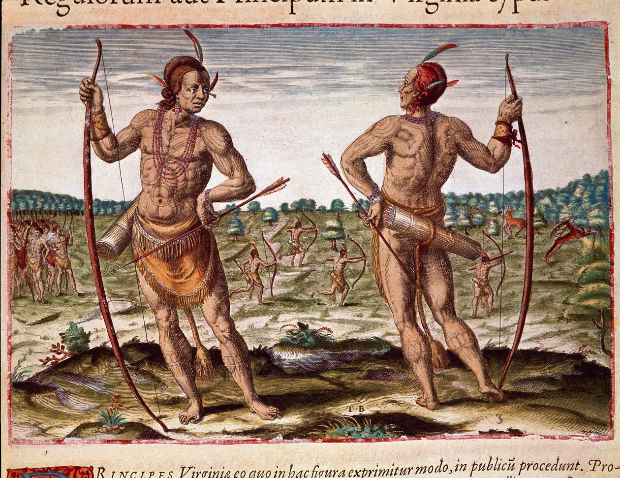 Amerikas historia: "" Two Inhabitants of Virginia, Indian Weapons of Arrows and Bow"" Gravyr från "" Admirante Narratio Americae"" av Theodore de Bry (1528-1598) av Theodore de Bry