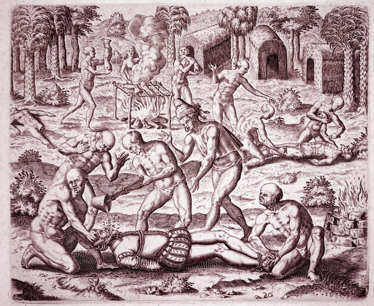 History of America: beskrivning av tortyrerna som indianerna tillfogade spanska bosättare, hällde guld i munnen och skar deras medlemmar för att äta dem (Gravering) av Theodore de Bry