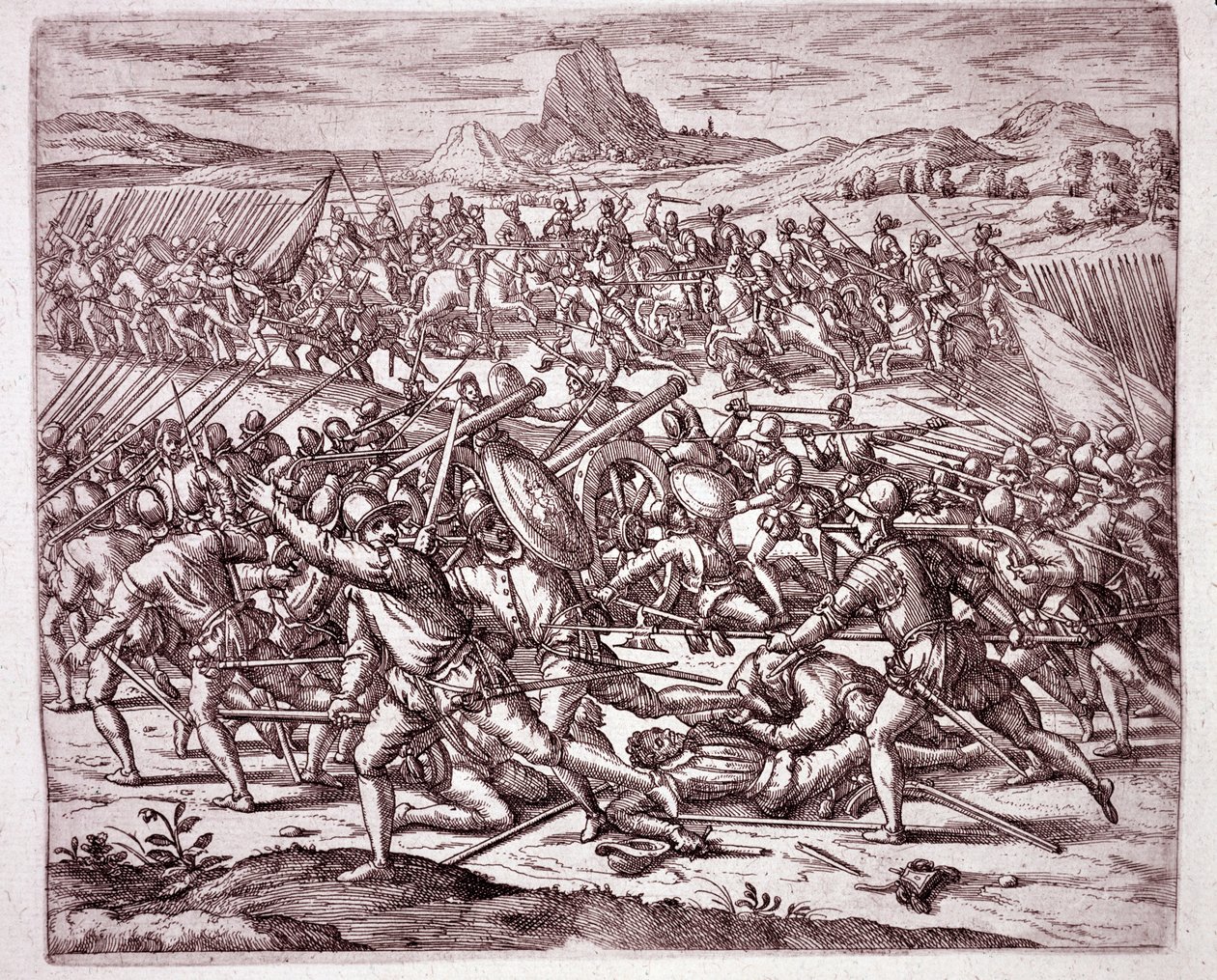 Historia om Amerika: slagsmål mellan arméerna Vaca de Castro och Almagro junior efter Francisco Pizarros och Diego de Almagros död (gravyr av Theodore de Bry