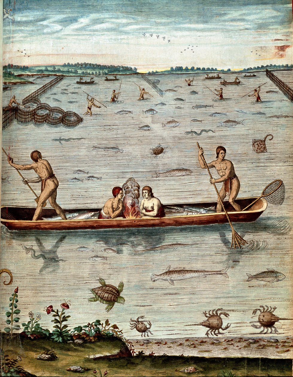 Amerikas historia: "" fiske bland invånarna i Virginia"" I vattnet av sköldpaddor, krabbor och olika fisksorter. Gravyr från "Admirable Narrative Americae"" av Theodore de Bry (1528-1598) av Theodore de Bry