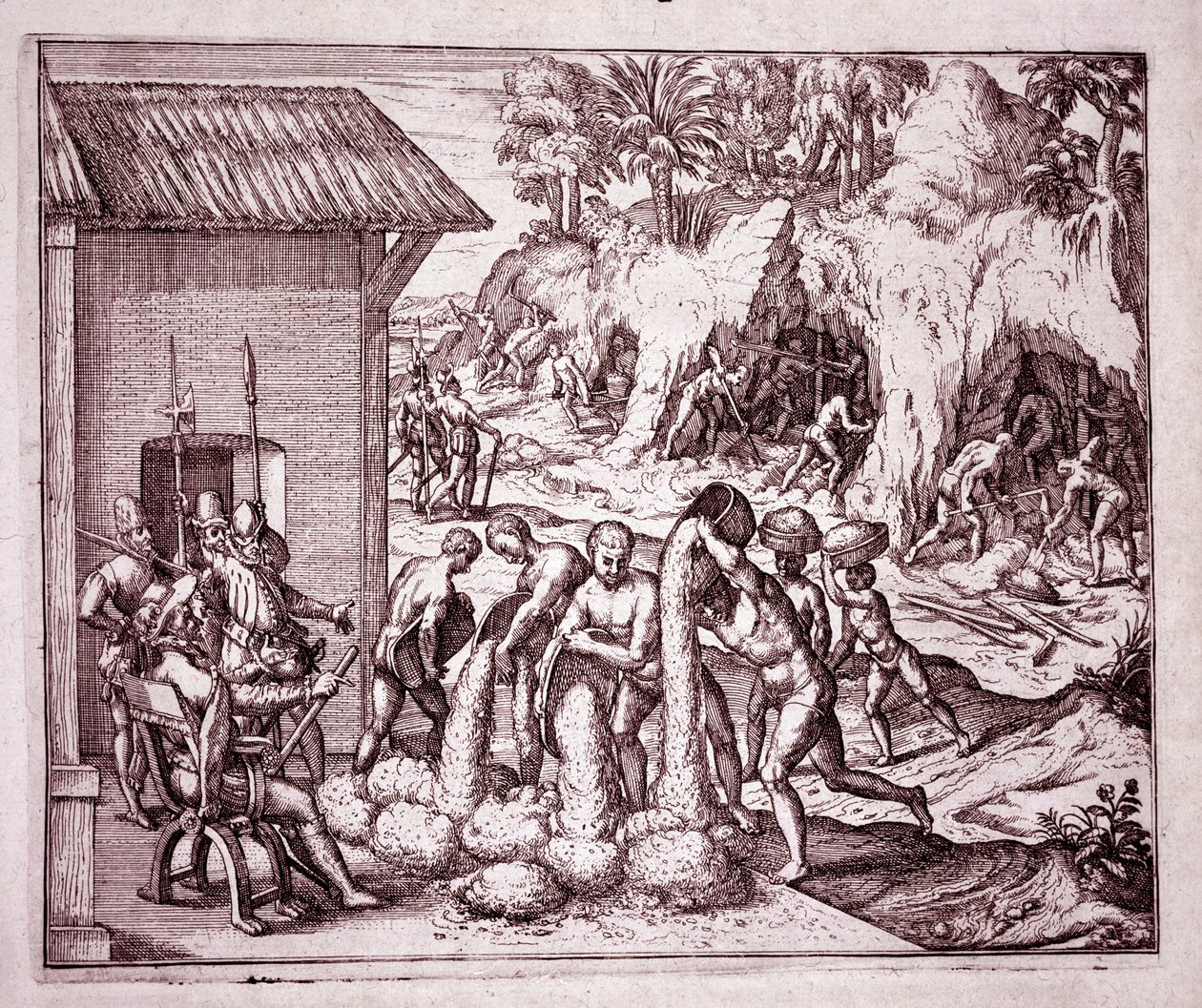 Amerikas historia: spanjorerna utnyttjar guldgruvorna (gravyr av Theodore de Bry