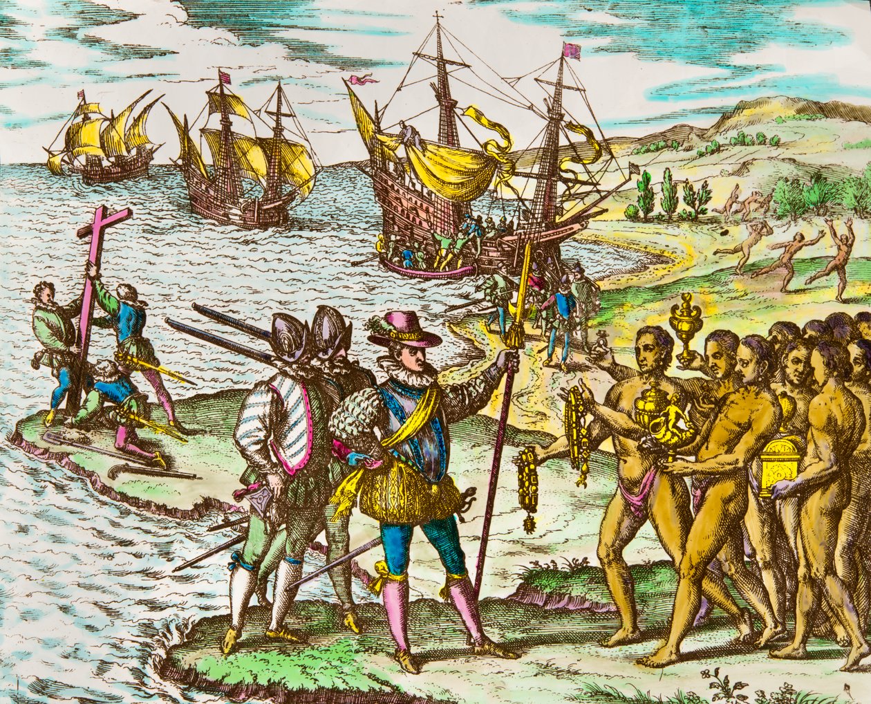 Amerikas historia: upptäcktsresanden Christopher Columbus (1451-1506) välkomnas av indianerna vid hans ankomst till den nya världen"" Gravyr av Theodore De Bry (1528-1598) Gravyr från 1500-talet av Theodore de Bry