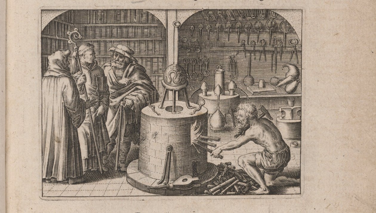 Illustration för Tripus Avrevs, det vill säga tre avhandlingar av utvalda kemister.., 1618 av Theodore de Bry