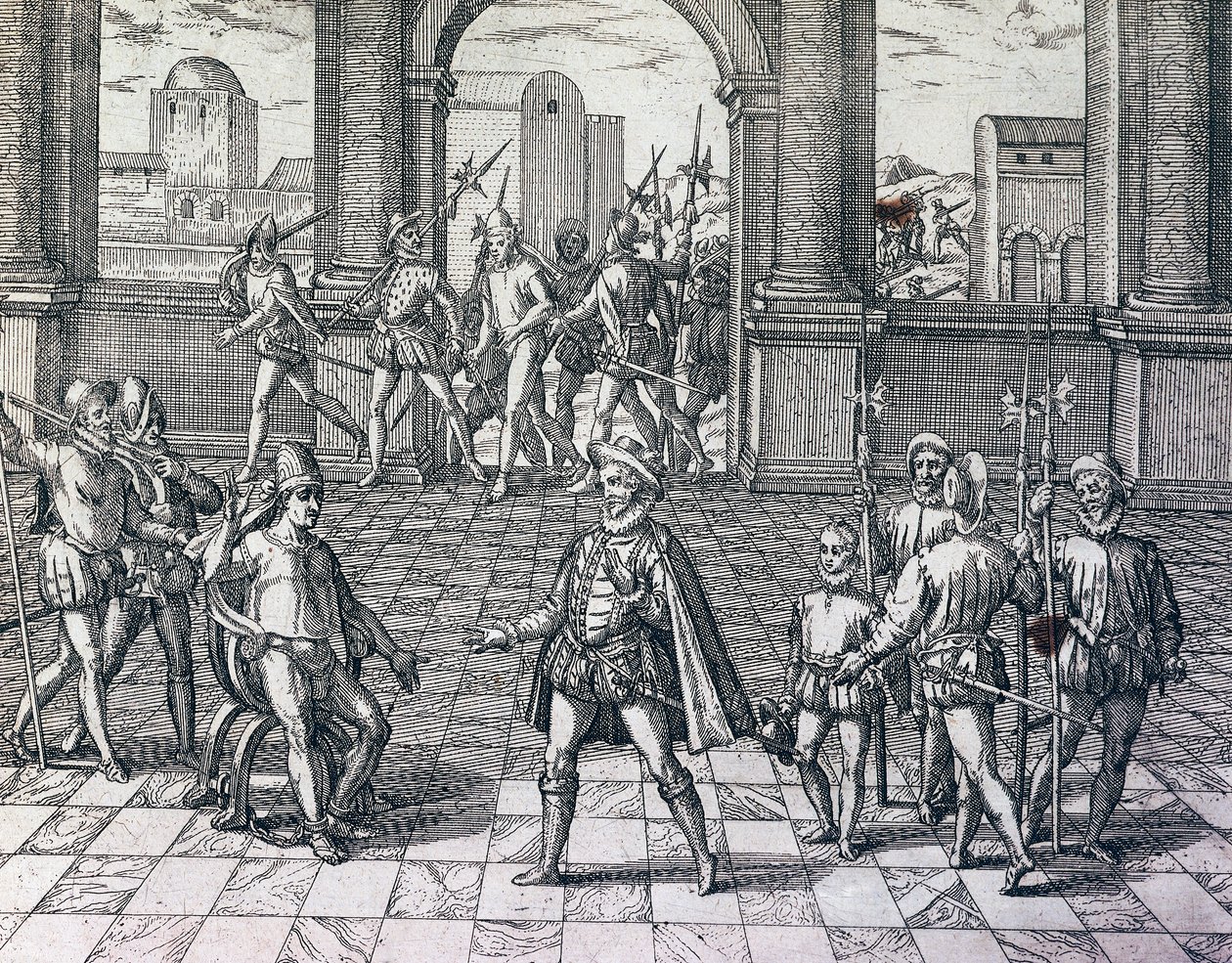 Inkakejsaren Atahualpa tas till fånga av spanjorer i Cajamarca, Peru, gravyr från amerikansk historia av Theodore de Bry (1528-1598), Frankfurt av Theodore de Bry