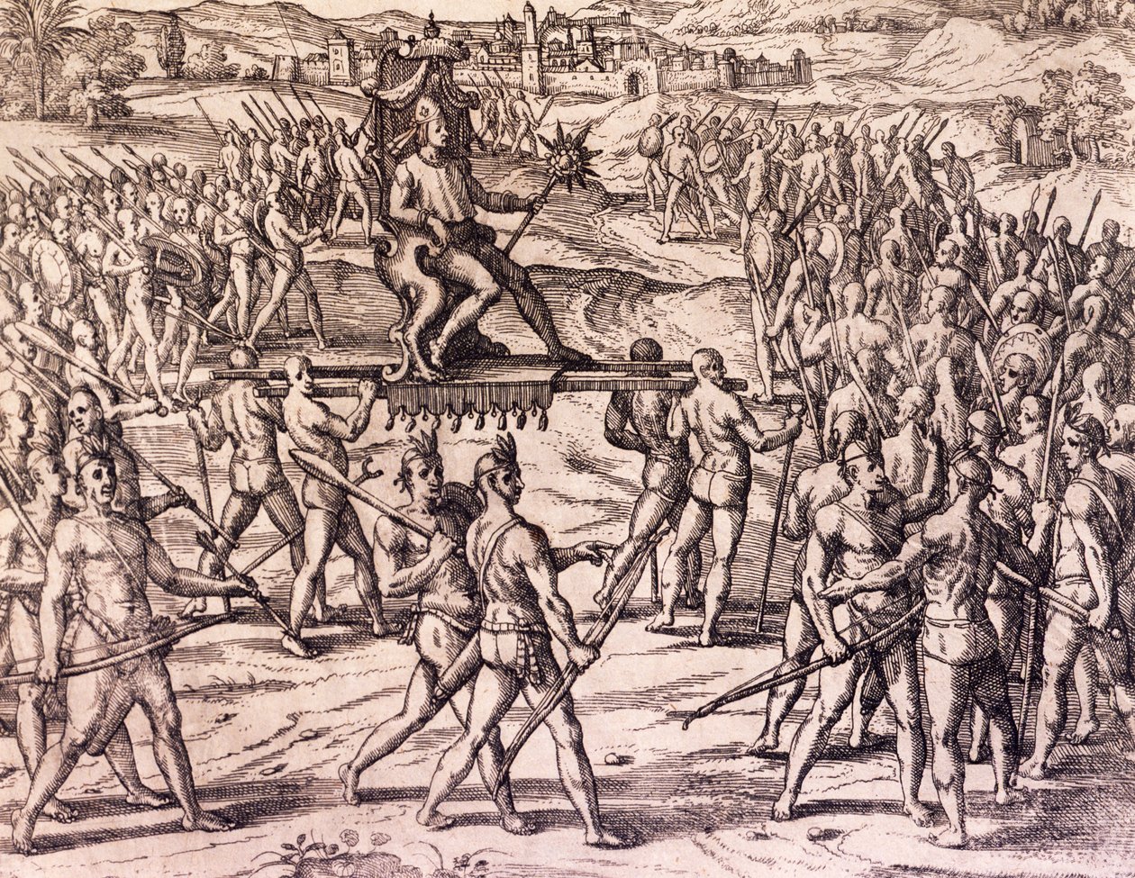 Inkakejsaren Atahualpa besegrad av Francisco Pizarros (1475-ca 1541) spanska trupper, Peru, gravyr från amerikansk historia av Theodore de Bry (1528-1598), Frankfurt av Theodore de Bry