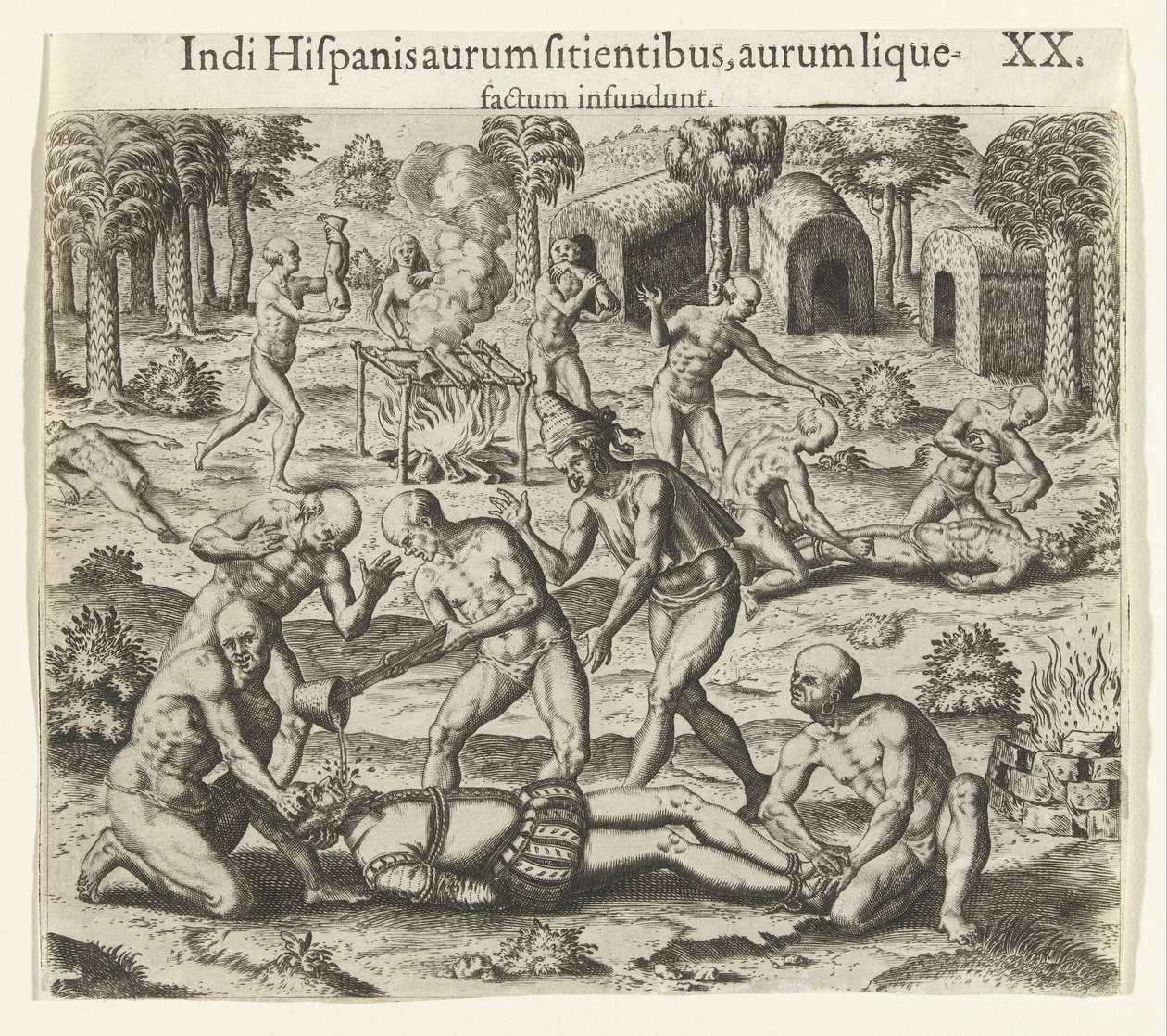 Indianer häller flytande guld i munnen på en spanjor, 1594. av Theodore de Bry
